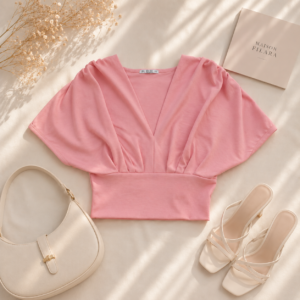 Pembe Modal V Yaka Pileli Bluz